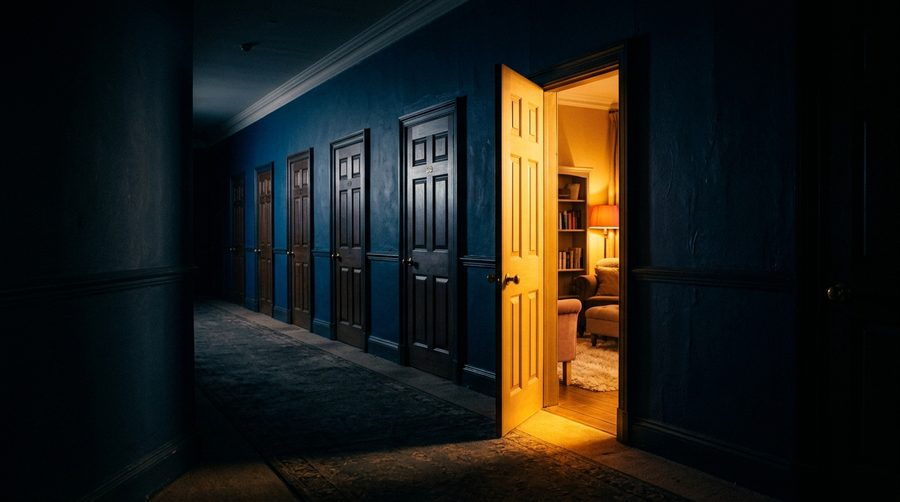 Barisan pintu tertutup dalam gelap dan satu pintu terbuka menyala cahaya emas dari dalam