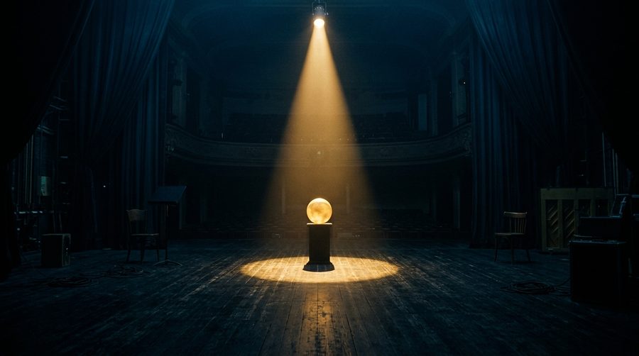 Satu bola cahaya emas berdiri di bawah sorot lampu tunggal di panggung gelap, benda lain menunggu dalam bayangan